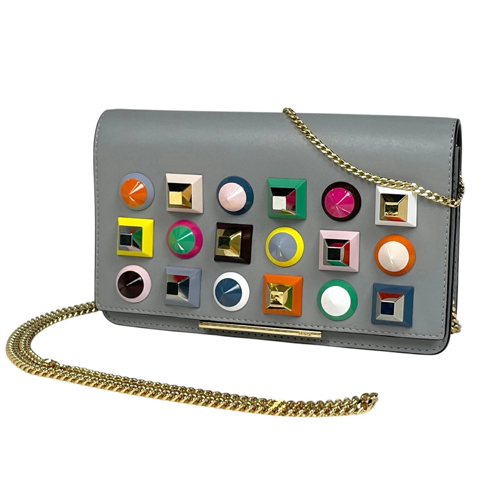 Fendi Studded Chain Wallet Rainbow Multi Shoulder Bag Leather Gray Multicolor